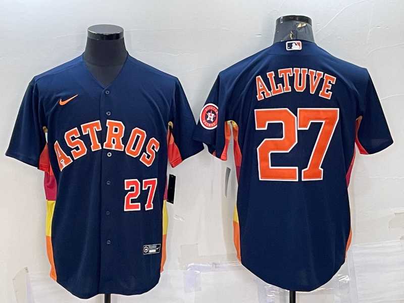 Men%27s Houston Astros #27 Jose Altuve Number Navy Blue With Patch Stitched MLB Cool Base Nike Jersey